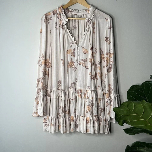 Free People Mini Shirt Dress Long Sleeve Flowy Boho Fall Sz M short ruffle - Picture 1 of 11